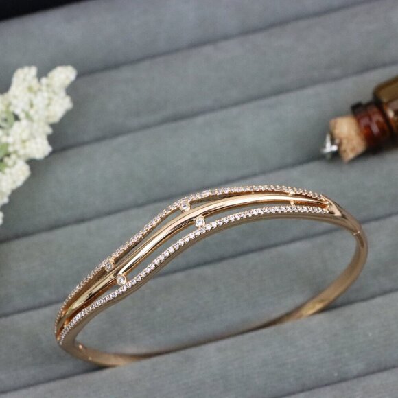 Rose Gold Bangle with Wavy Dual-Layer Design and Subtle Stones, XPBL0561 - Picture 1 of 12